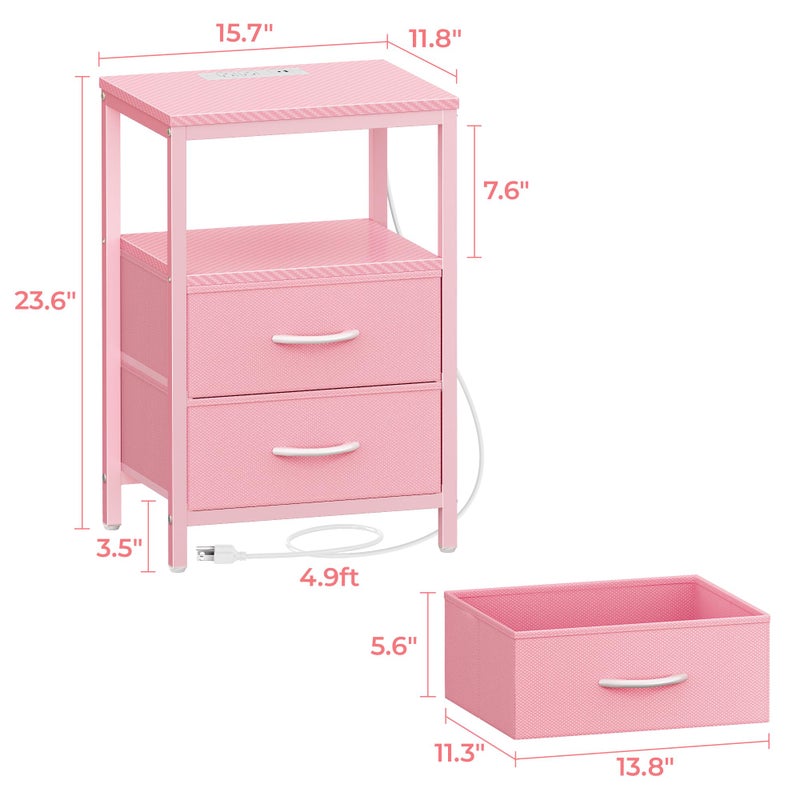 Huuger Nightstand with Charging Station, Side Table with Fabric Drawers, End Table with Open Shelf, Bedside Table with USB Ports and Outlets, Night Stand for Bedroom, Pink - Image 2