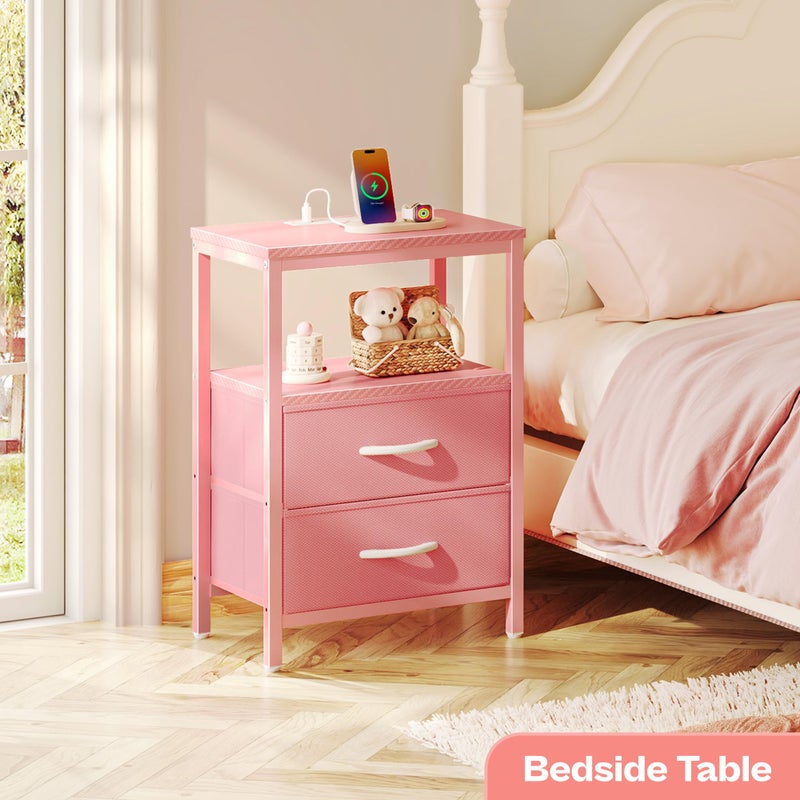 Huuger Nightstand with Charging Station, Side Table with Fabric Drawers, End Table with Open Shelf, Bedside Table with USB Ports and Outlets, Night Stand for Bedroom, Pink - Image 3