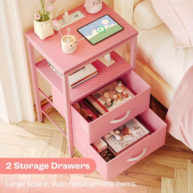 Huuger Nightstand with Charging Station, Side Table with Fabric Drawers, End Table with Open Shelf, Bedside Table with USB Ports and Outlets, Night Stand for Bedroom, Pink - Image 5