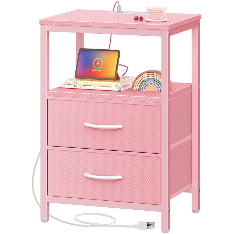 Huuger Nightstand with Charging Station, Side Table with Fabric Drawers, End Table with Open Shelf, Bedside Table with USB Ports and Outlets, Night Stand for Bedroom, Pink - Image 1
