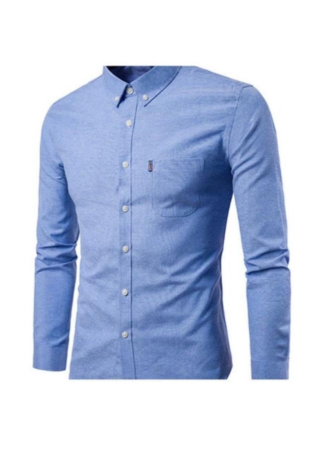 KUYING - Men Solid Colour Turn Down Collar Long Sleeve Shirt Slim Button Pocket Work Top - Image 1
