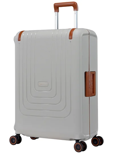 eminent Vertica Hard Case Travel Bag Medium Luggage Trolley Polypropylene Lightweight Suitcase 4 Quiet Double Spinner Wheels With TSA Lock B0006 Off White Brown Trim