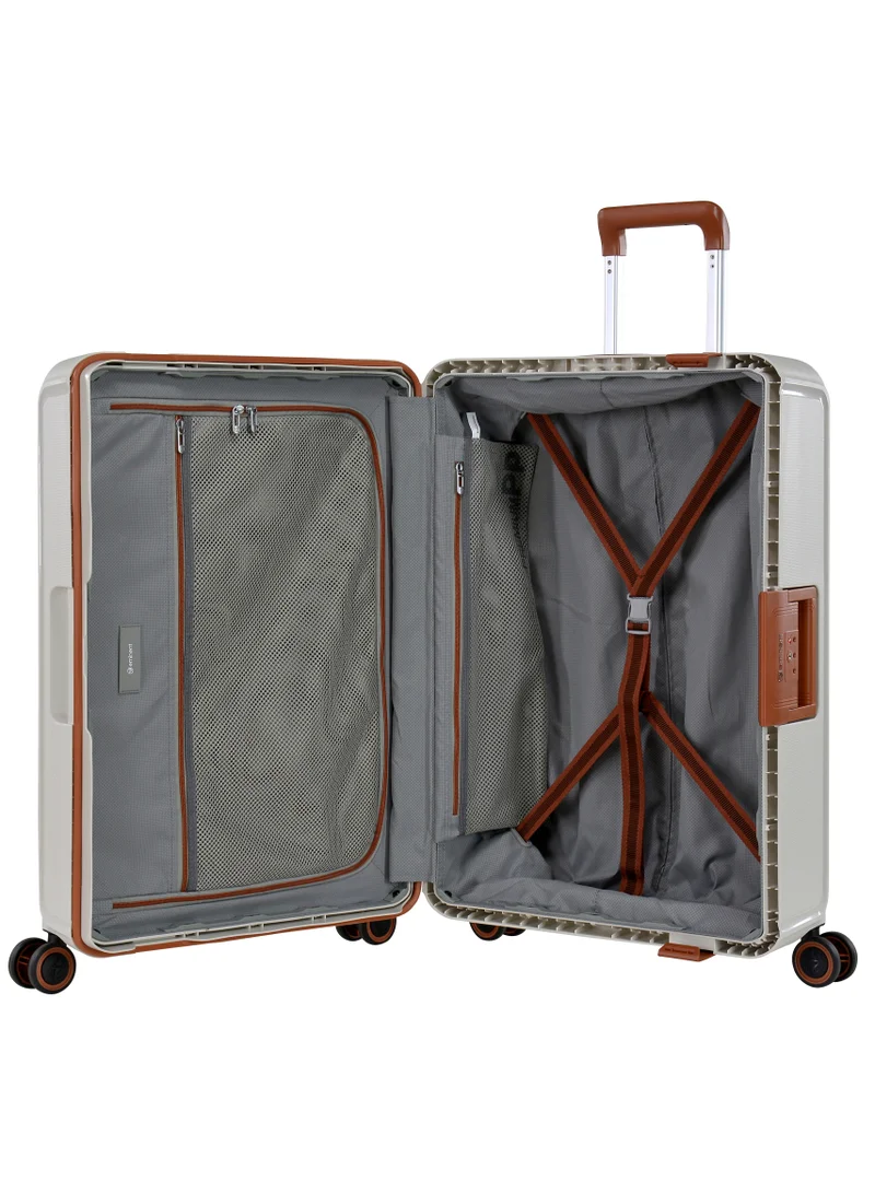 eminent Vertica Hard Case Travel Bag Medium Luggage Trolley Polypropylene Lightweight Suitcase 4 Quiet Double Spinner Wheels With TSA Lock B0006 Off White Brown Trim