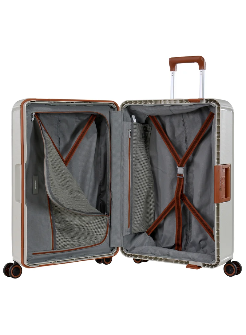 eminent Vertica Hard Case Travel Bag Medium Luggage Trolley Polypropylene Lightweight Suitcase 4 Quiet Double Spinner Wheels With TSA Lock B0006 Off White Brown Trim