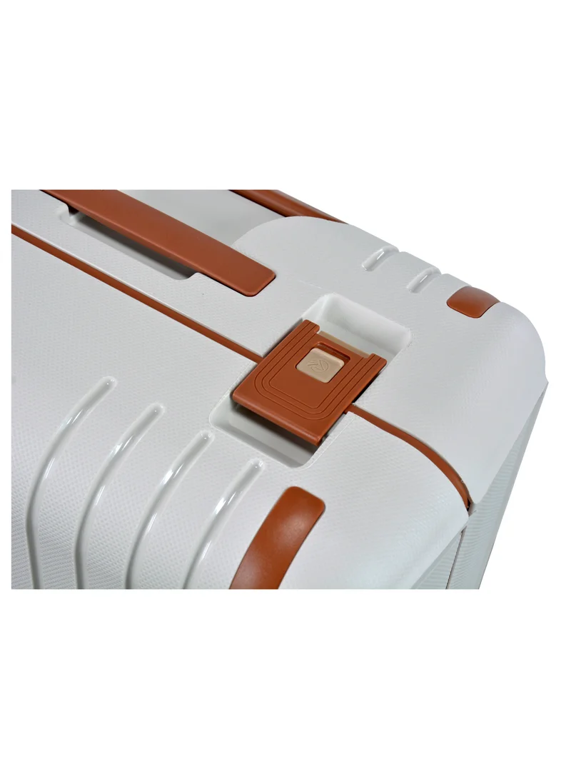 eminent Vertica Hard Case Travel Bag Medium Luggage Trolley Polypropylene Lightweight Suitcase 4 Quiet Double Spinner Wheels With TSA Lock B0006 Off White Brown Trim