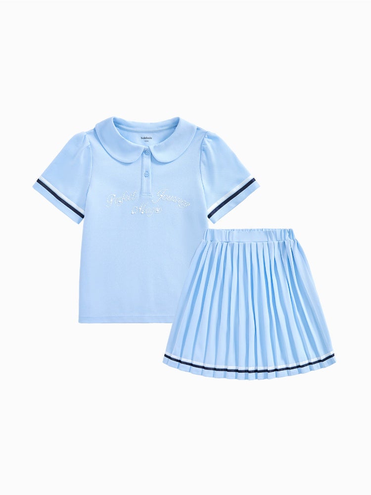 بالابالا طقم من قطعتين - تيشيرت بولو وتنورة بطيات كاملة للبنات - Image 1