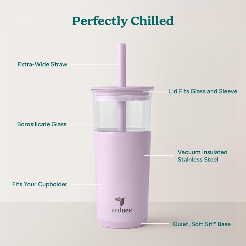 Reduce Aspen 20 oz Vacuum Insulated Glass Tumbler with Lid & Extra Wide Straw - Keeps Drinks Cold for 12 Hrs - Ideal for Iced Coffee, Smoothies & Boba - Dishwasher Safe, Soft Base - Lilac Bud - Image 2
