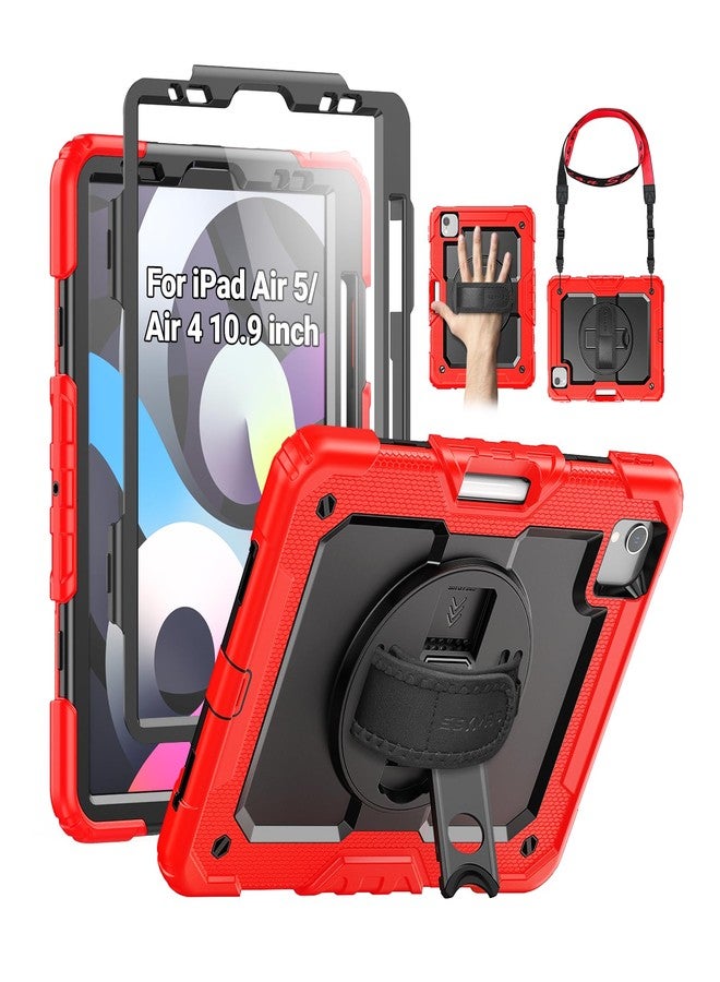 SEYMAC جراب SEYMAC لجهاز iPad 10.9، جراب لجهاز iPad Air من الجيل الرابع، جراب لجهاز iPad Air 4 مع حامل قلم، جراب متين شديد التحمل ومقاوم للصدمات [حزام يد دوار] واقي شاشة لجهاز iPad Pro 11، أسود/أحمر - Image 1