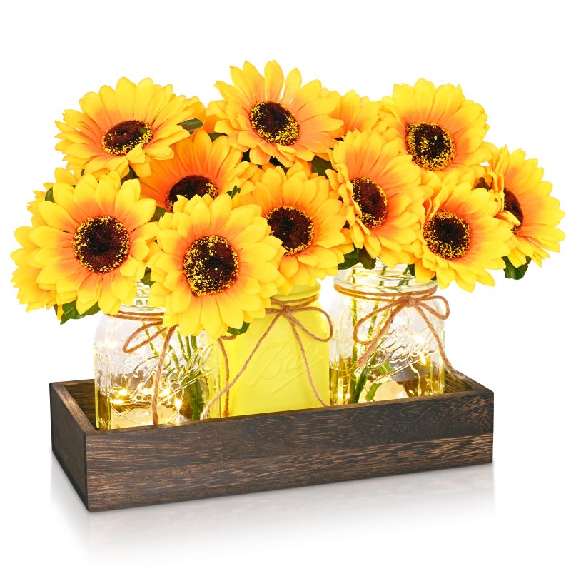 BLEUM CADE Centerpiece Table Decorations  3Pcs Sunflowers Artificial Flowers in Mason Jars with Wood Tray for Dining Table Coffee Table Farmhouse Room Decor