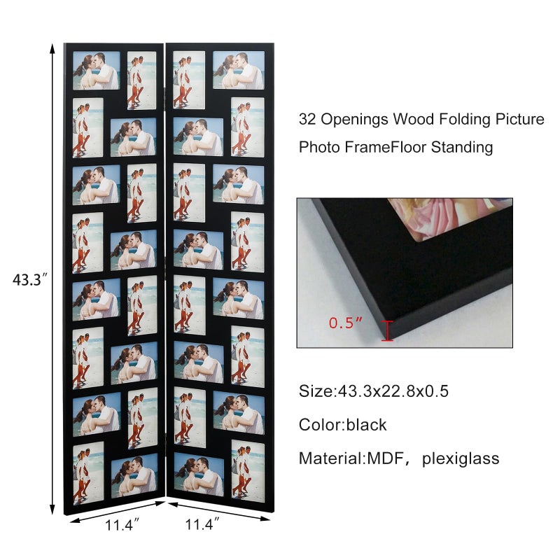 Adeco Black Wood Hinged Folding Screen-Style Collage Picture Photo Frame 32 Openings, 4x6 - Image 2