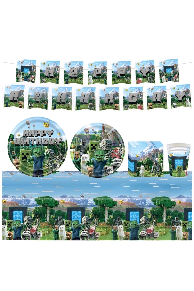 JAYATO 82 PCS for 10 Person Minecraft-themed Birthday Party Tableware decoration, including children's birthday paper plates, pull flags and tablecloths. - Image 1