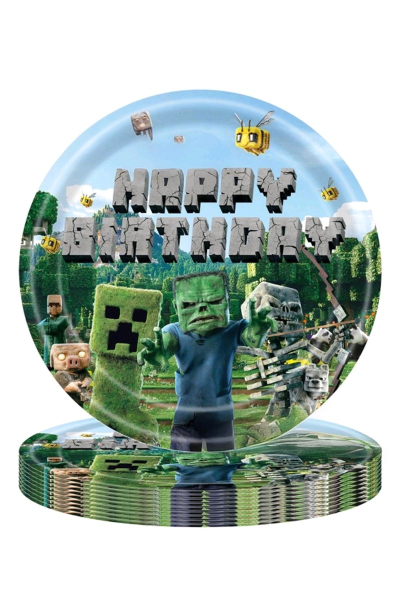 JAYATO 82 PCS for 10 Person Minecraft-themed Birthday Party Tableware decoration, including children's birthday paper plates, pull flags and tablecloths. - Image 5