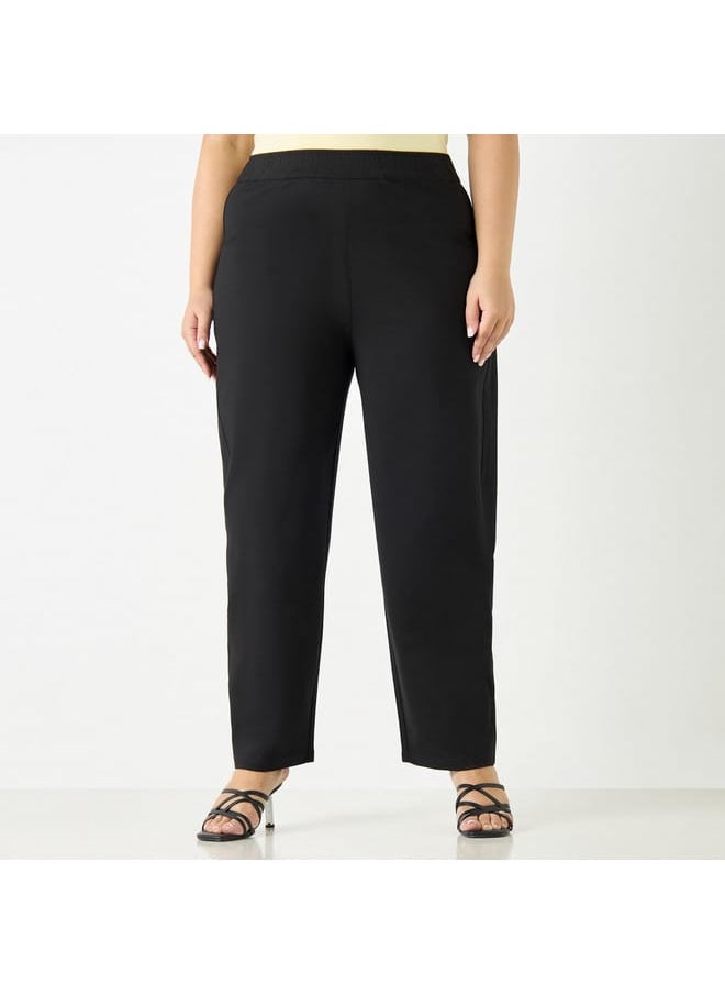 Ulla Popken Plus Size Ulla Popken Solid Pants with Elasticated Waistband  - Image 1