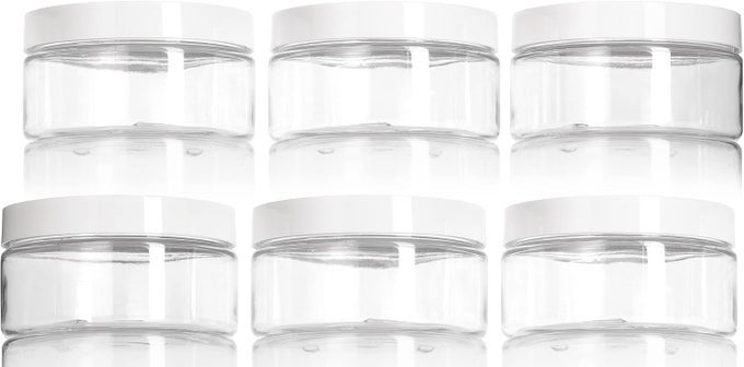 8 OZ CLEAR PET PLASTIC LOW PROFILE JAR WITH WHITE SMOOTH LIDS (6 PACK) I BPA FREE LARGE REFILLABLE EMPTY STORAGE CONTAINERS