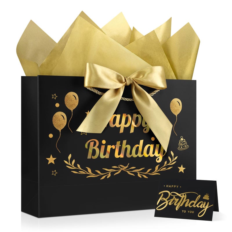 JMANNI Black Gold Happy Birthday Gift Bag with Card and Tissue Paper, 12.6"Ã—9.84"Ã—3.9" Elegant Present Bag for Men Women, Year Old Birthday Keepsake Party Supplies - Image 1
