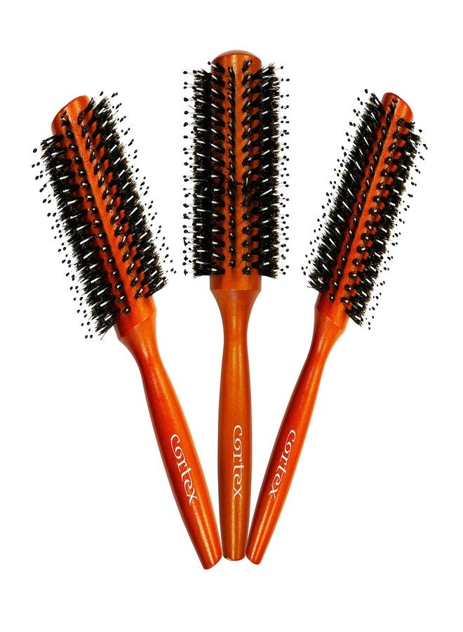 Cortex Professional 100% Boar Bristle Natural blowout thermal brush, round brush for woman & men short hair, Wooden Roller Brushes Handle, for drying all hair Types, cepillo, (Nylon 3-Piece Set) - Image 1