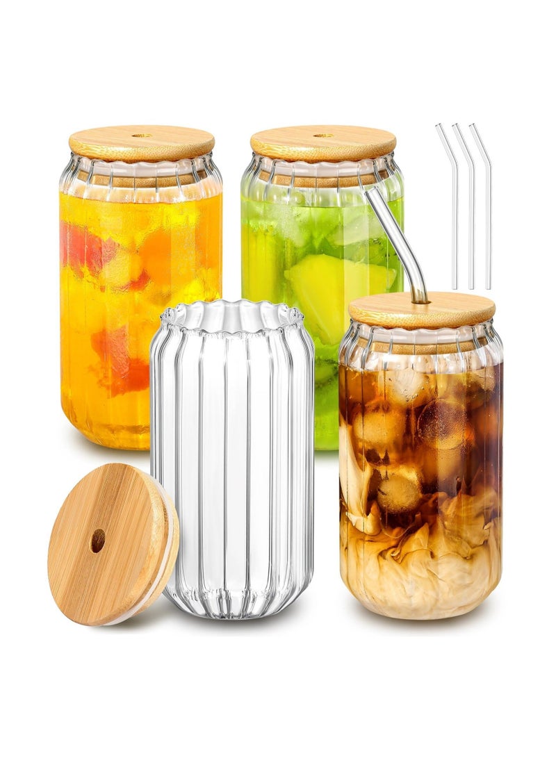 Captaintech Glass Cups with Lids and Straws, Iced Coffee Cups, 400ML Drinking Glasses Set of 4, Glass Tumbler with Straw and Lid New Ribbed Design for Coffee Bar Accessories - Image 1