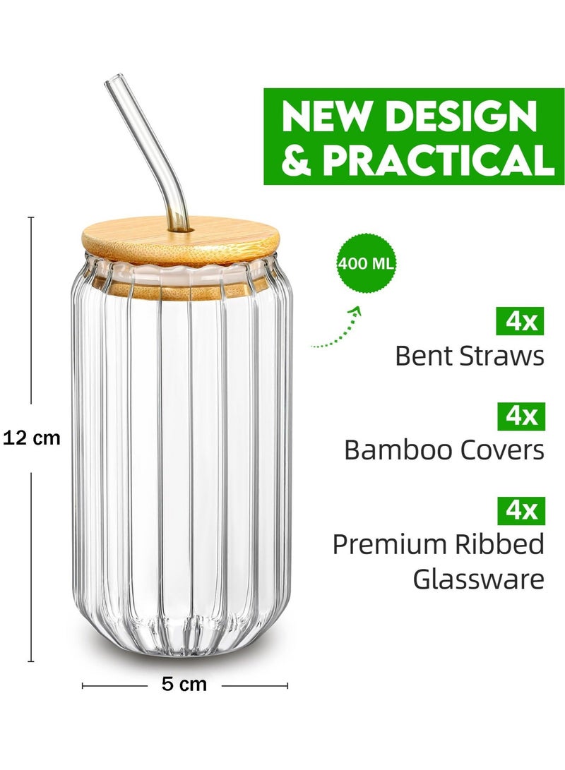 Captaintech Glass Cups with Lids and Straws, Iced Coffee Cups, 400ML Drinking Glasses Set of 4, Glass Tumbler with Straw and Lid New Ribbed Design for Coffee Bar Accessories - Image 3