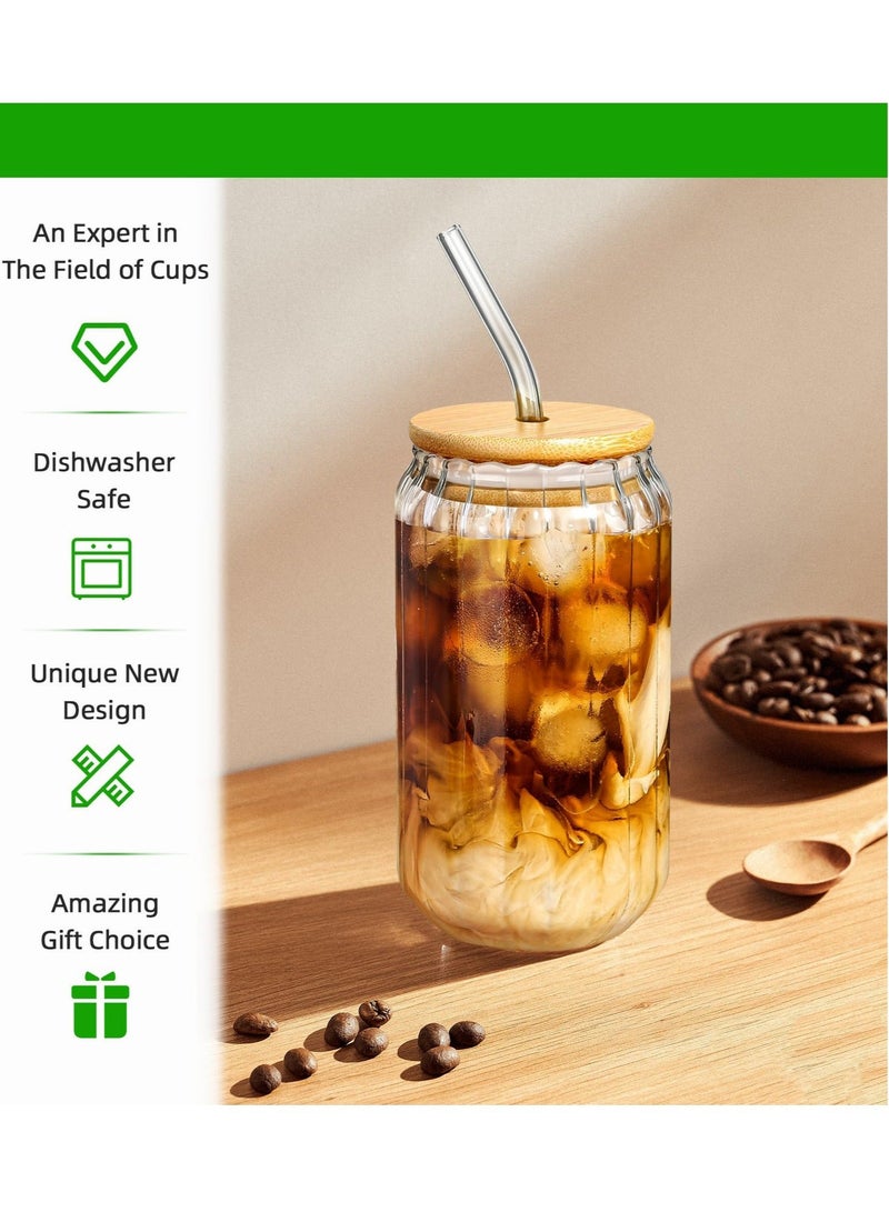 Captaintech Glass Cups with Lids and Straws, Iced Coffee Cups, 400ML Drinking Glasses Set of 4, Glass Tumbler with Straw and Lid New Ribbed Design for Coffee Bar Accessories - Image 4