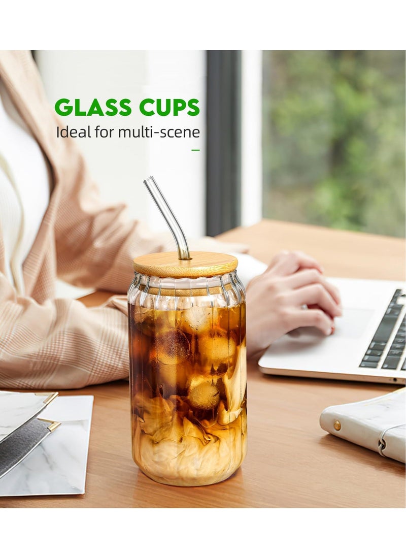 Captaintech Glass Cups with Lids and Straws, Iced Coffee Cups, 400ML Drinking Glasses Set of 4, Glass Tumbler with Straw and Lid New Ribbed Design for Coffee Bar Accessories - Image 5