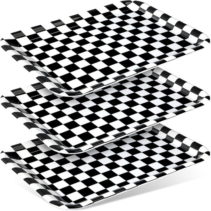 3 PCS 13 X 10 INCH CHECKERED SERVING TRAY BLACK AND WHITE SERVING PIECES RACE CAR TRAYS RECTANGLE CHECKER PLATE PLAID DISHES FOOD PLATTER FOR BIRTHDAY PARTY