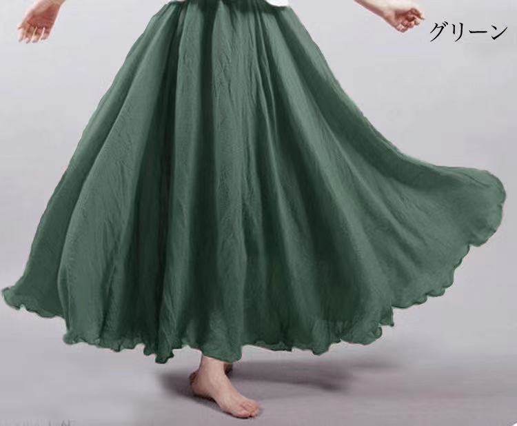 Mori girl artistic plus size cotton and linen skirt elastic waist A- line skirt long solid color ethnic style large swing skirt 24 colors Dark green