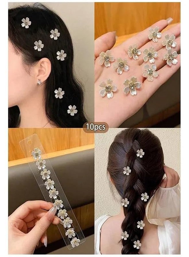 زيوري مجموعة زيوري من 10 مشابك شعر مزينة بأحجار كريمة على شكل زهور، لون أبيض كريمي، تصميم زهرة في وسطها لؤلؤة، إكسسوارات شعر صغيرة للبنات - Image 4