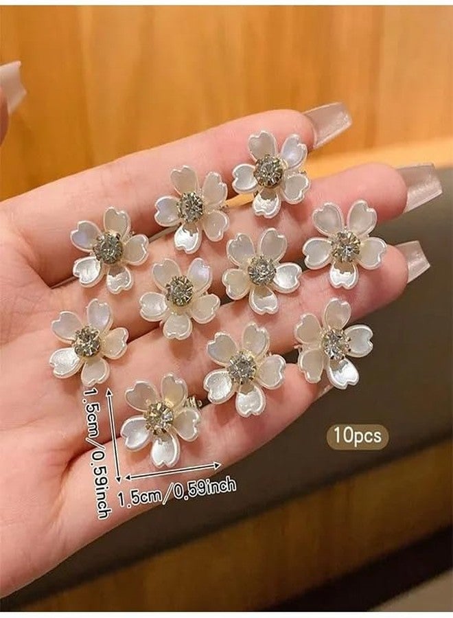 زيوري مجموعة زيوري من 10 مشابك شعر مزينة بأحجار كريمة على شكل زهور، لون أبيض كريمي، تصميم زهرة في وسطها لؤلؤة، إكسسوارات شعر صغيرة للبنات - Image 2
