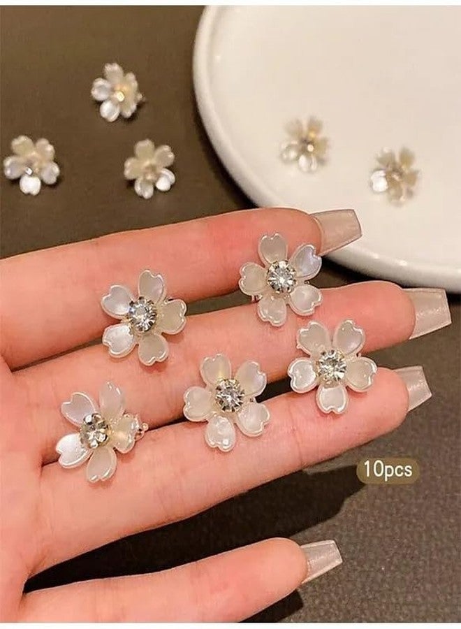 زيوري مجموعة زيوري من 10 مشابك شعر مزينة بأحجار كريمة على شكل زهور، لون أبيض كريمي، تصميم زهرة في وسطها لؤلؤة، إكسسوارات شعر صغيرة للبنات - Image 3