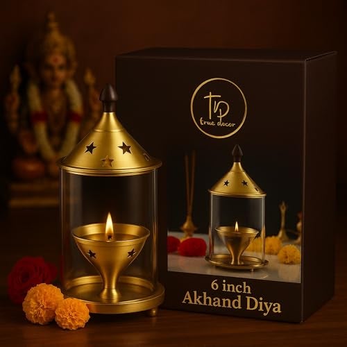 True Decor 6 Inch Akhand Diya for Puja Akhand Jyoti Deepam Akhand Brass Diya with Cover - Image 1