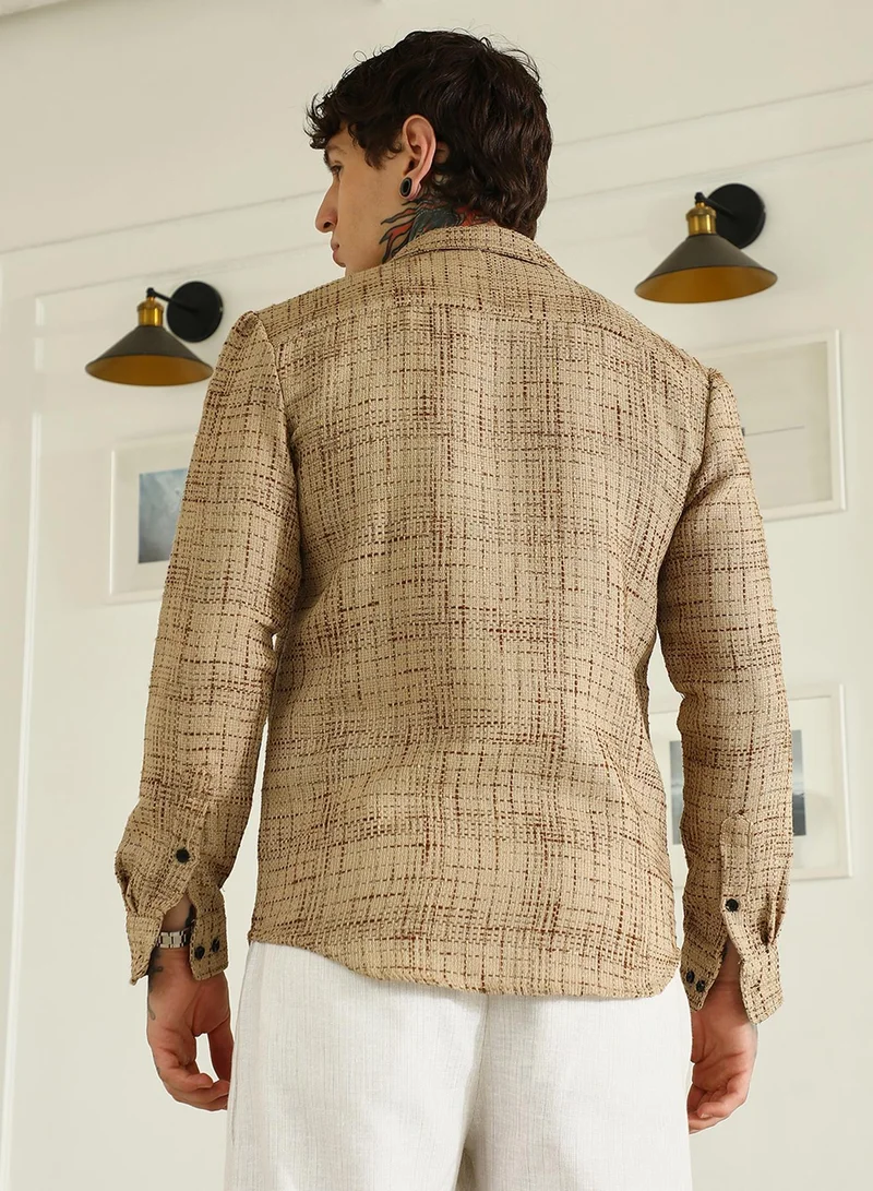 Campus Sutra Men's Beige Textured Cotton-Polyester Blend Shirt
