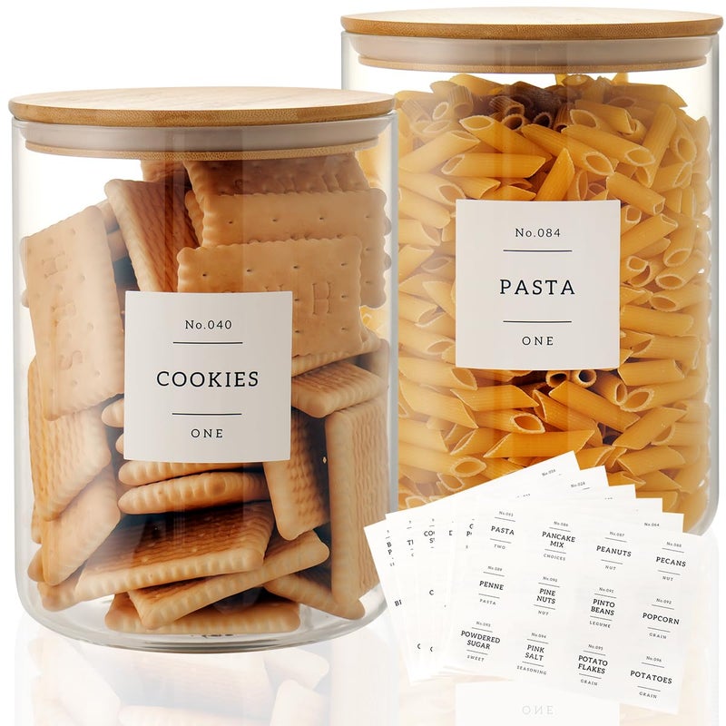 CZZGSM Set of 2 Large Glass Flour and Sugar Containers 100 Fl oz Thicken Glass Storage Jars with Airtight Bamboo Lid and 132 Kitchen Pantry Labels Big Clear Rice Containers Farmhouse