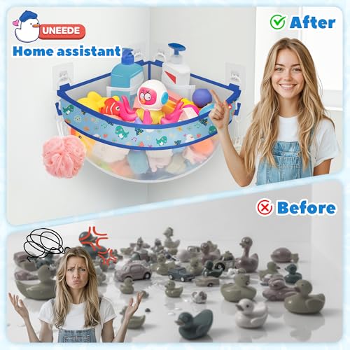 UNEEDE 4.32 Gallons Dinosaur Print Corner Bath Toy Storage | Blue Mesh Shower Caddy with Quick Drain & Bottom Zipper - Image 2