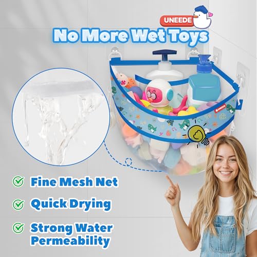 UNEEDE 4.32 Gallons Dinosaur Print Corner Bath Toy Storage | Blue Mesh Shower Caddy with Quick Drain & Bottom Zipper - Image 5