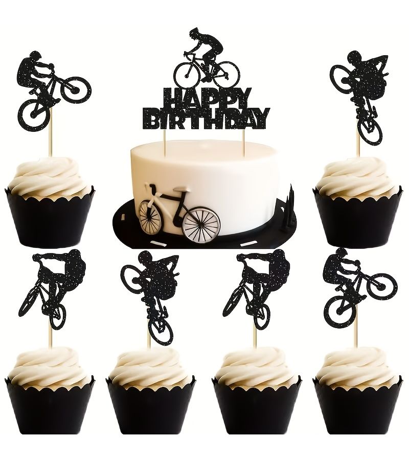26 Pieces Bicycle Theme Birthday Cake Topper Set Includes Happy Birthday Topper With Bamboo Sticks - Image 1