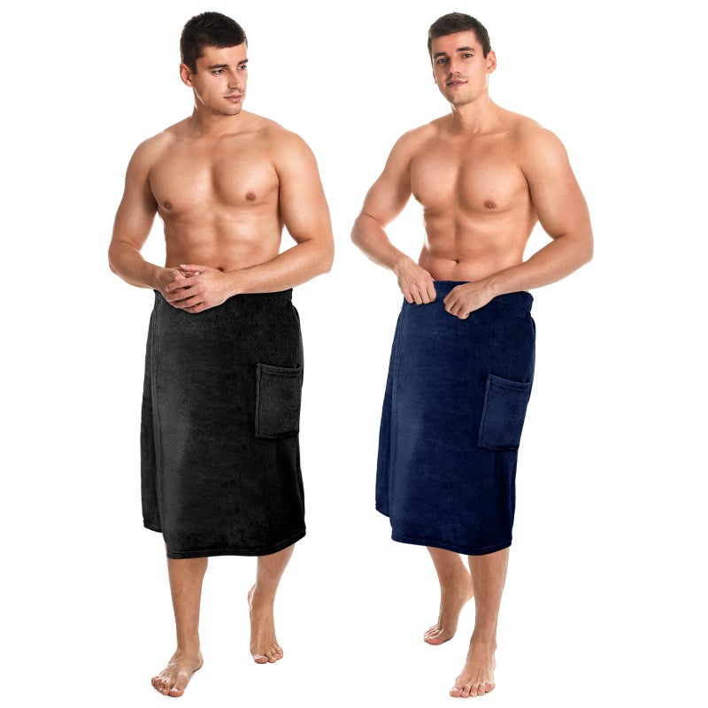 Tudomro 2 Pcs Mens Bath Wrap Towel XLarge Shower Adjustable Terry Body Spa Towel with Pocket After Shower Wrap for Men Gift Spa College Bath Dorm Room GymBlack Navy Blue
