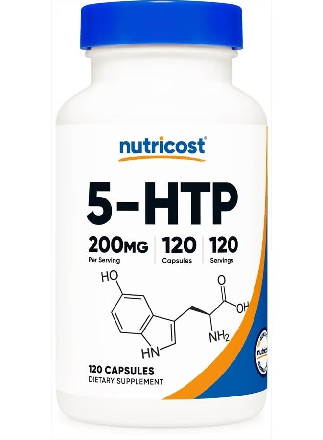 5-HTP 200 مجم، 120 كبسولة نباتية (5-هيدروكسي تريبتوفان) - خالية من الكائنات المعدلة وراثيًا وخالية من الجلوتين - Image 1