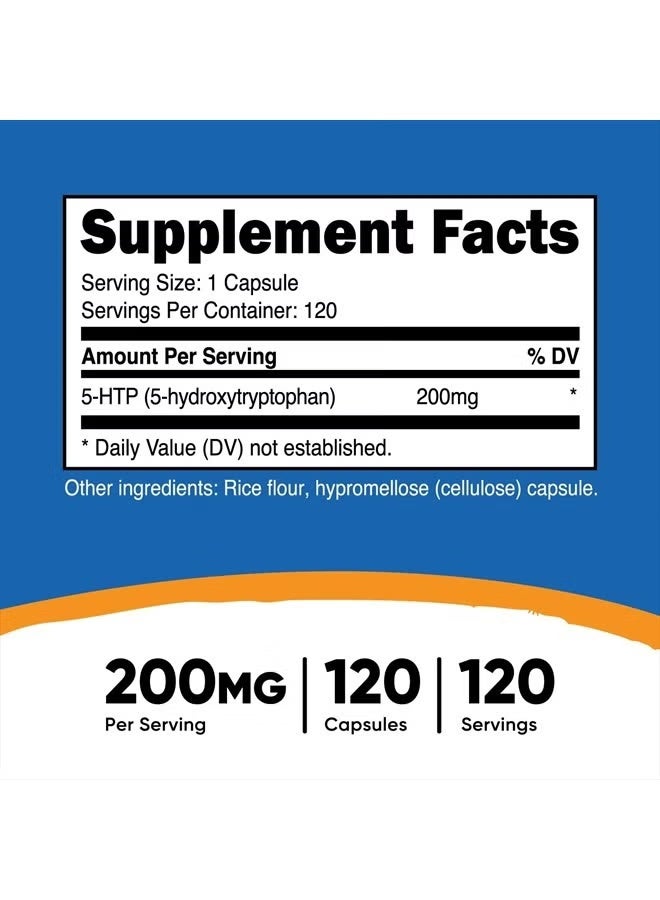 5-HTP 200 مجم، 120 كبسولة نباتية (5-هيدروكسي تريبتوفان) - خالية من الكائنات المعدلة وراثيًا وخالية من الجلوتين - Image 2