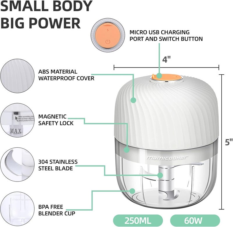 MAMICOOKER Electric Garlic Chopper, Mini Portable Veggie Chopper, 250ML Garlic Grinder Masher Onion Grinder, Blender to Vegetable, Wireless Food Processor for Ginger, Chili, Fruit, Meat, etc - Image 4
