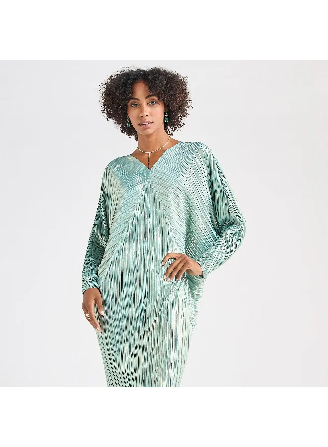 Splash FAV All-Over Pleated V-neck Dress with Extendable Sleeves