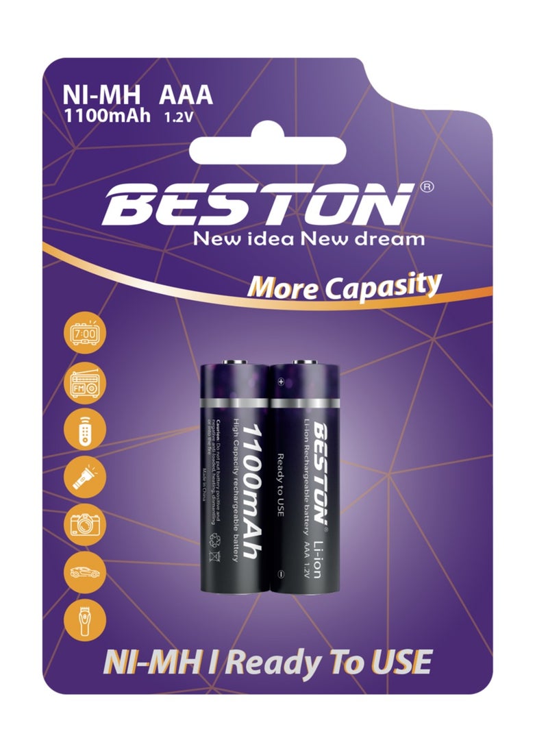 BESTON - Beston Rechargeable Battery AAA 2 PCS 1100 mAh: Reusable AAA batteries with a capacity of 1100 mAh for various devices. - Image 1