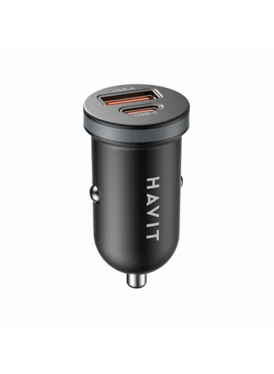 صفقة هافيت CC2043 شاحن سيارة مزدوج 30 واط، محول شحن سريع بمنفذ USB-C PD ومنفذ USB-A QC 3.0، تصميم مدمج من سبائك الألومنيوم، شاحن سيارات عالمي 12/24 فولت للهواتف الذكية والأجهزة اللوحية على Noon EG