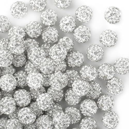 Jukercici 10mm Clay Rhinestone Beads for Bracelets 100 Pcs Sparkle Crystal Beads for Jewelry Making Glitter Round Shamballa Disco Ball Design for DIY Crafts Necklace Earrings Decoration White A - Image 1