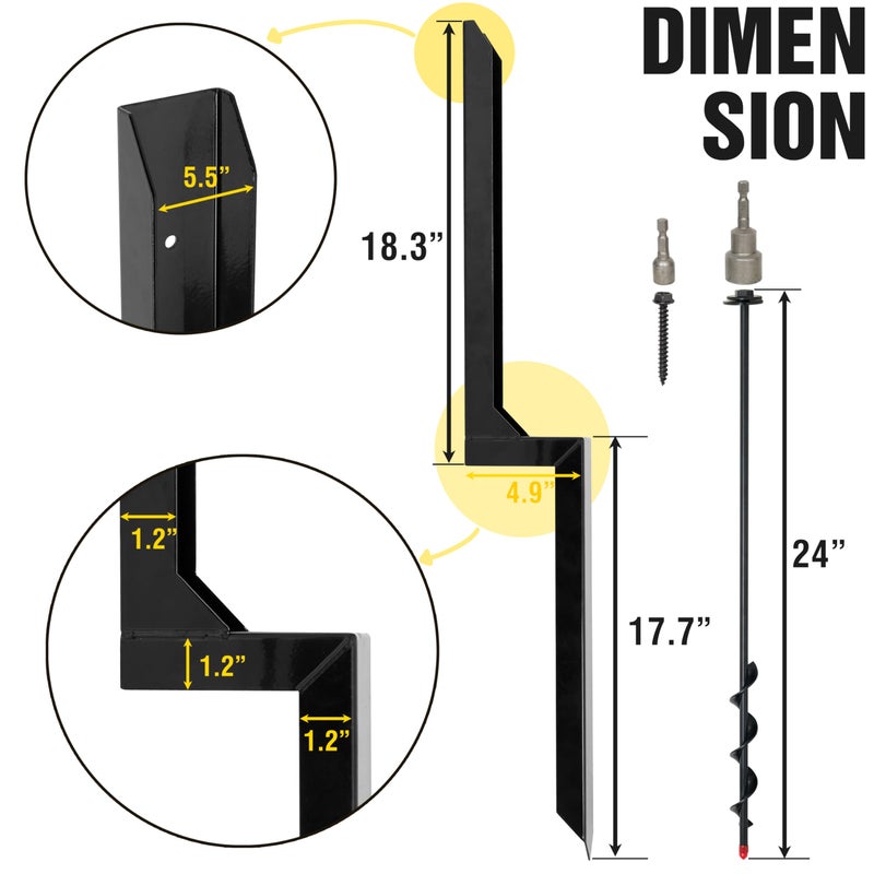 LADECH Heavy Duty Steel Fence Post Repair Stakes with Ground Anchor Screw in, Fix Anchors Ground Spike for Fence Posts, Repair Tilted/Broken Wood Posts (Black - 1 Pc) - Image 3