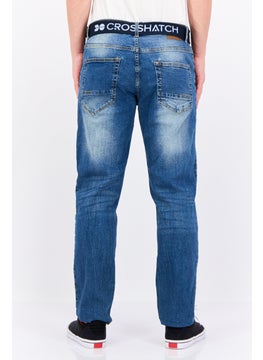 CROSSHATCH Men Regular Fit Washed Belted Stretchable Jeans, Blue  - Image 3