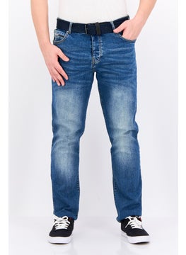 CROSSHATCH Men Regular Fit Washed Belted Stretchable Jeans, Blue  - Image 1