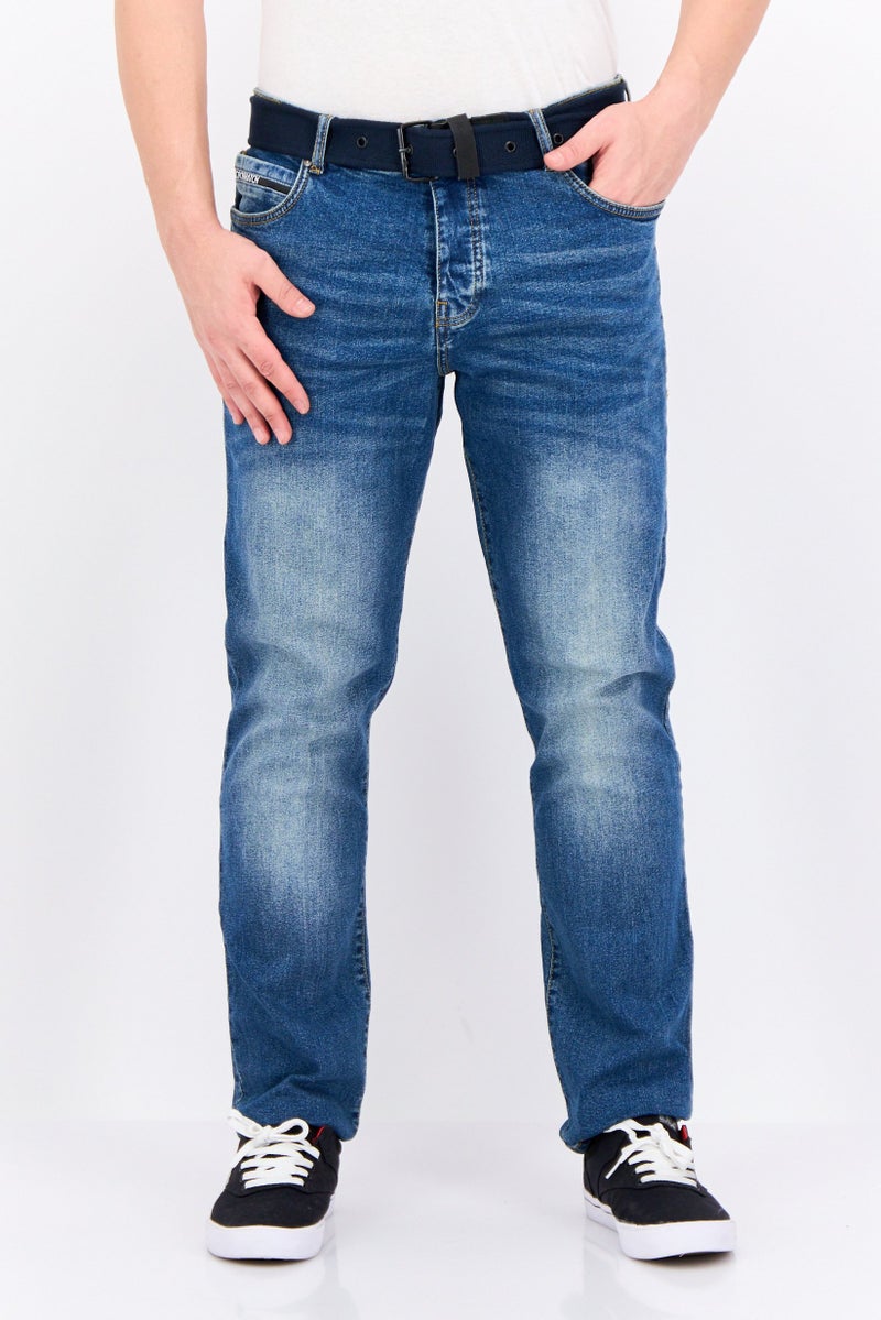 CROSSHATCH Men Regular Fit Washed Belted Stretchable Jeans, Blue - Image 1