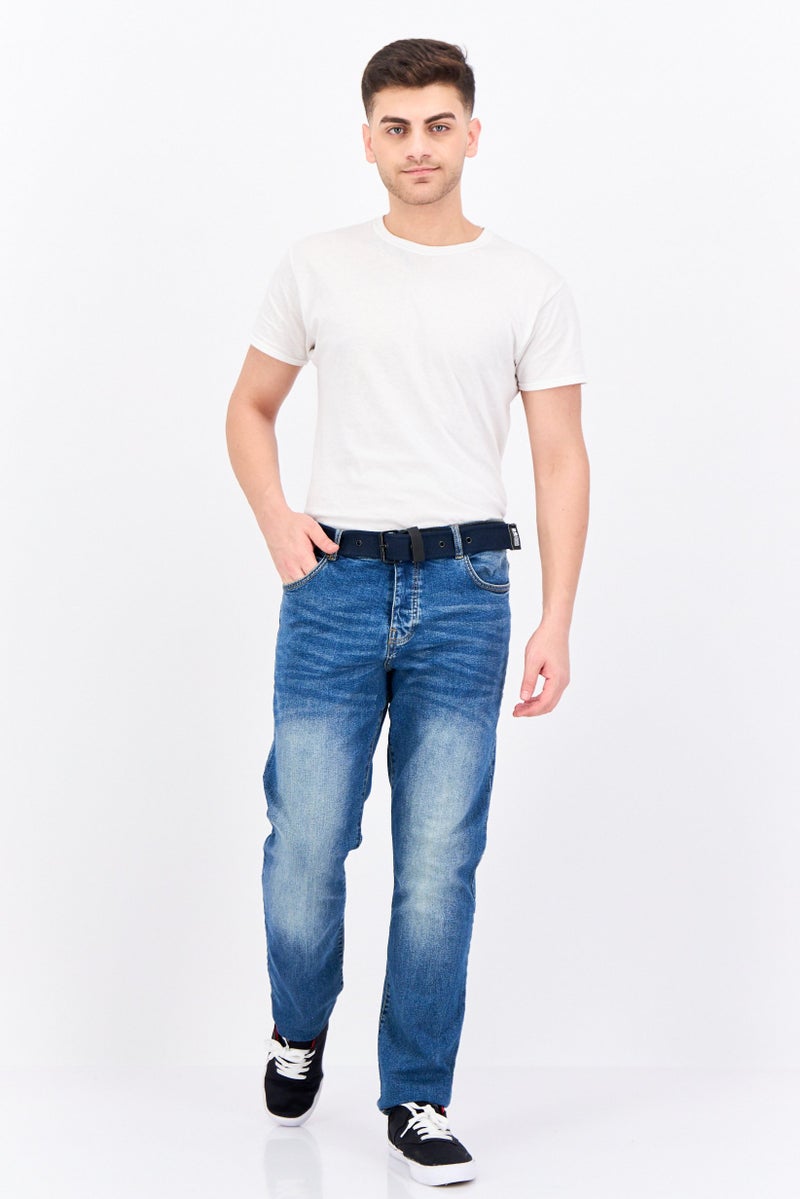 CROSSHATCH Men Regular Fit Washed Belted Stretchable Jeans, Blue - Image 4