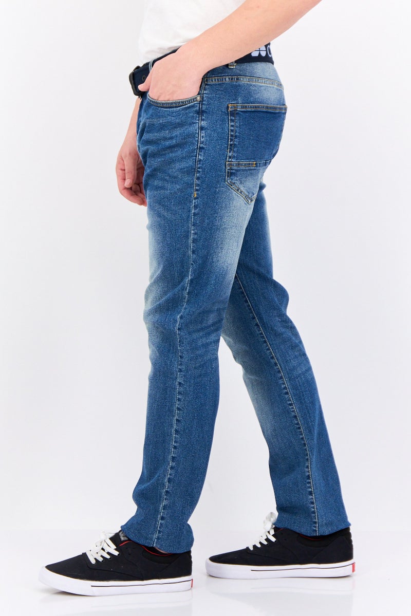 CROSSHATCH Men Regular Fit Washed Belted Stretchable Jeans, Blue - Image 2