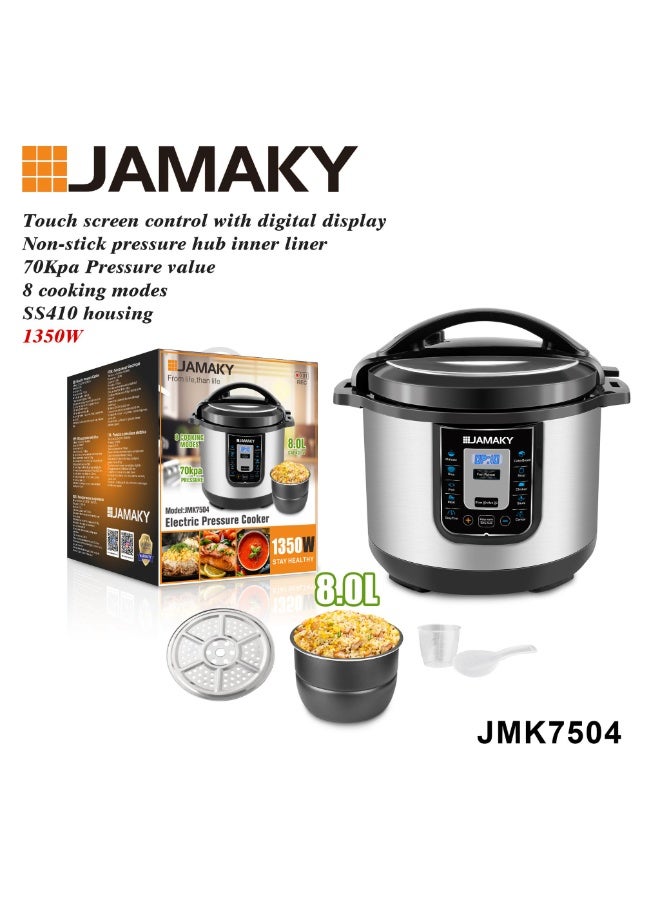 JAMAKY Italy Jamaki Large Multifunction Electric Pressure Cooker 8L 1350W Stainless Steel with Multiple Programs According to the Food to be Cooked, including Meat, Poultry, Vegetables, Steam, Keep Warm Function and Timer, Programmable with Keep Warm Function JMK 7504